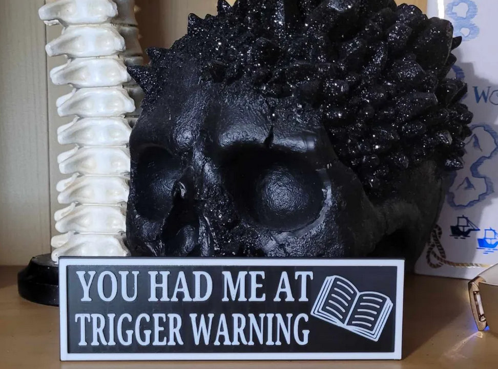 You Had Me at Trigger Warning Bookshelf Sign – Dark Romance Reader Decor | Spicy Book Shelf Sign | 3D Printed Bookish Gift for BookTok Fans