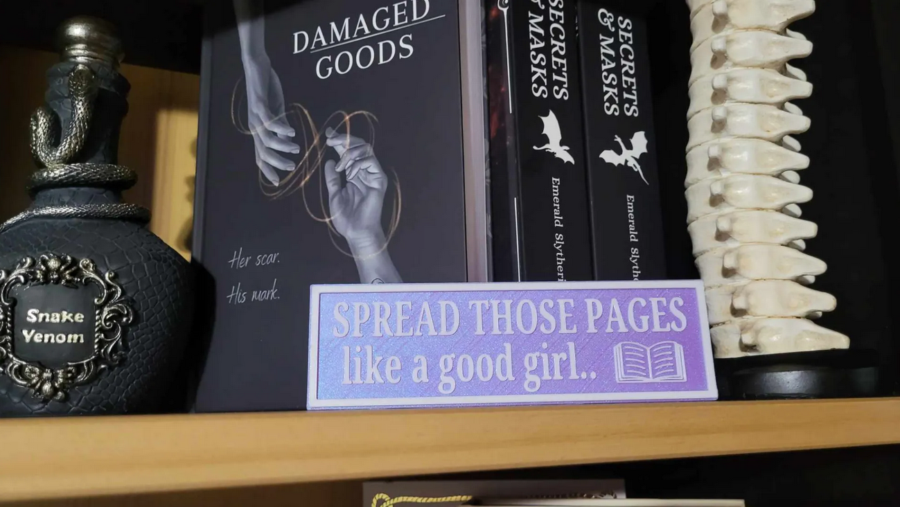 Spread Those Pages Like a Good Girl Bookshelf Sign – Spicy Book Decor | Smut Reader Shelf Sign | 3D Printed Romance Bookish Gift
